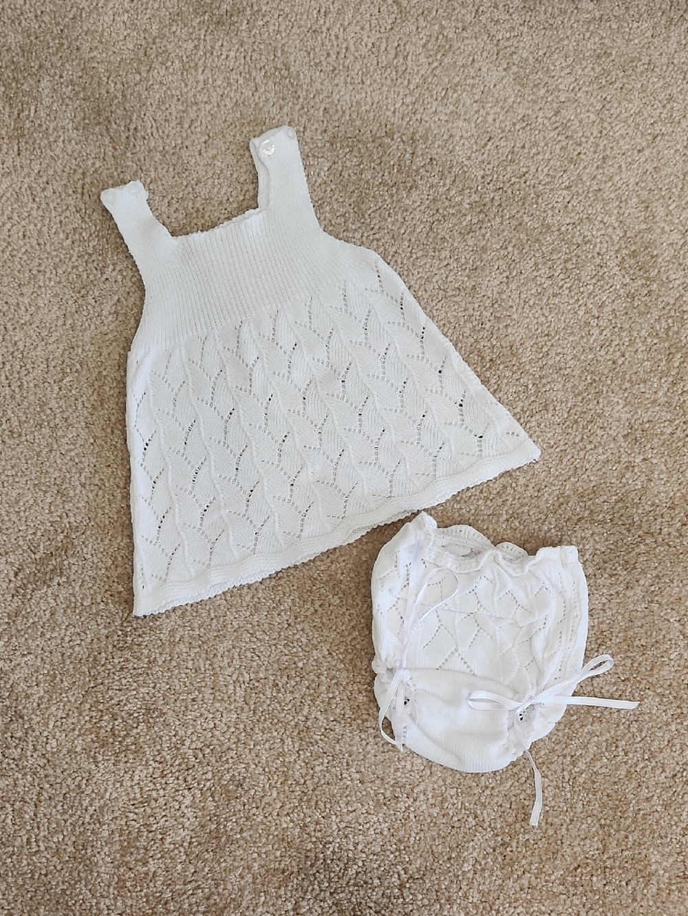 Juliana Baby White Knit Set - Dress & Bloomers Set Size 1 Made In Spain